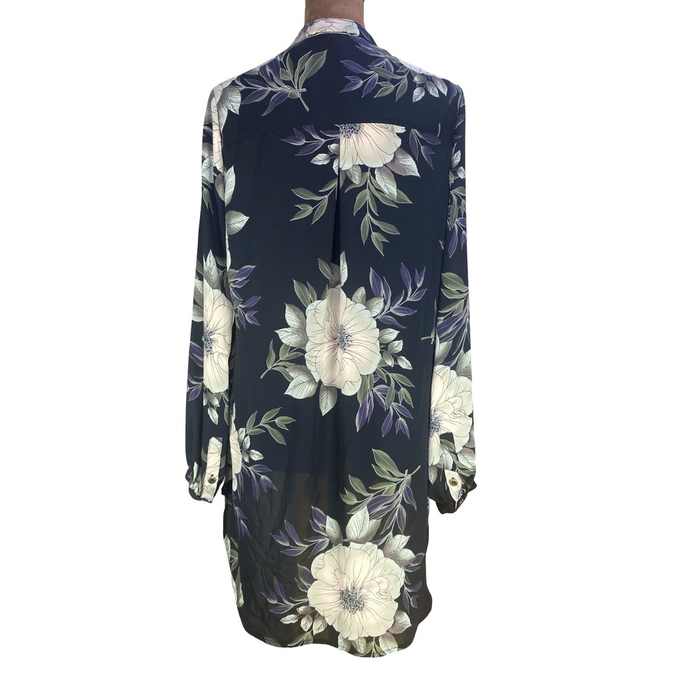 Tahari‎ Womens Black Floral Print High Low Button Down Tunic Blouse Top longline - Picture 2 of 11